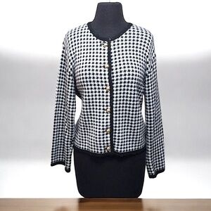 Liz Claiborne Houndstooth Cardigan Gold Buttons Black Piping Size LP Corpcore